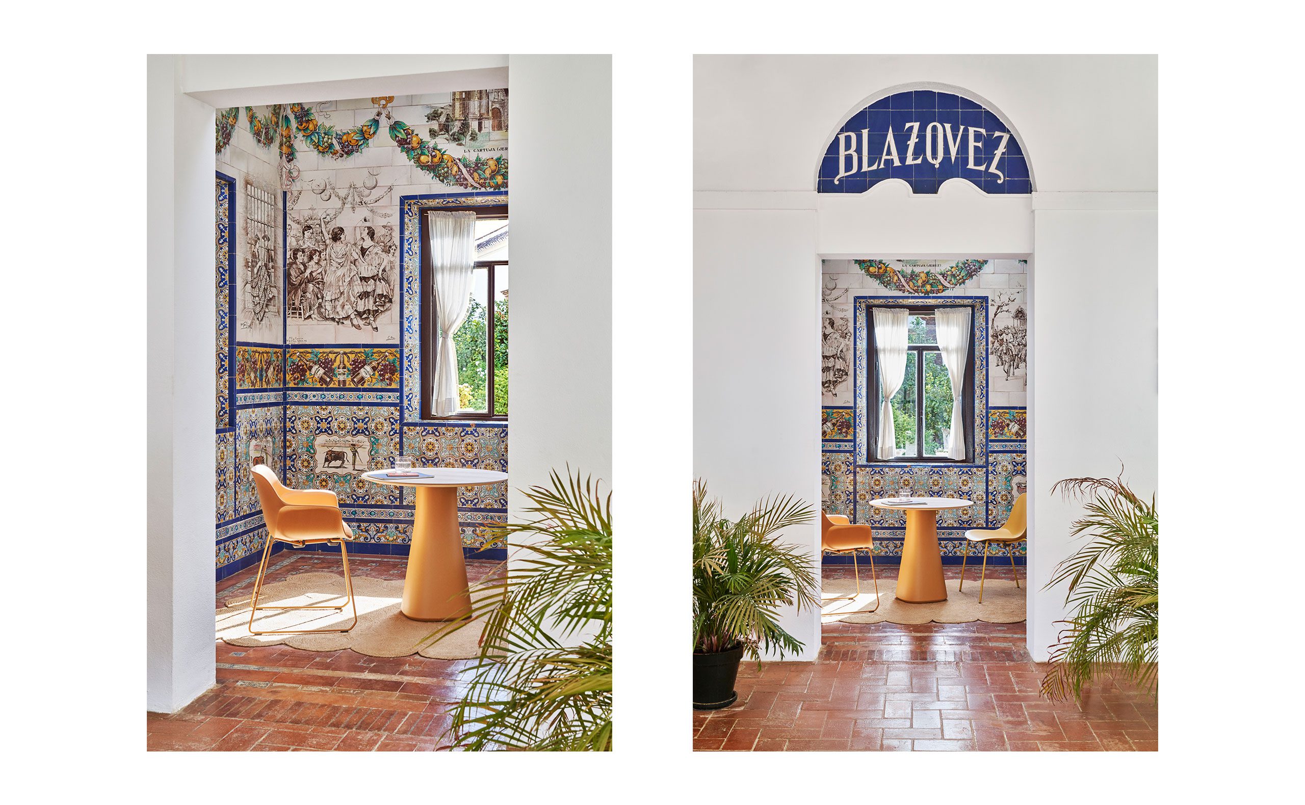 Espacio con azulejos andaluces y mobiliario moderno en tonos cálidos. Diseño artístico con detalles tradicionales y contemporáneos.