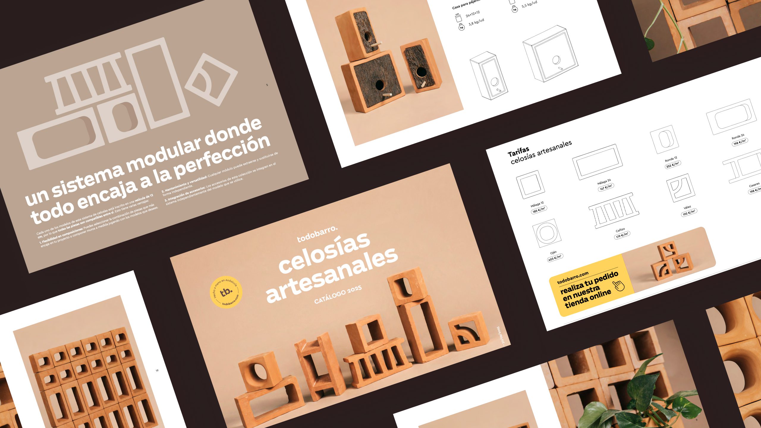 Catálogo corporativo para celosías artesanales de todobarro x leblume. Branding en Málaga