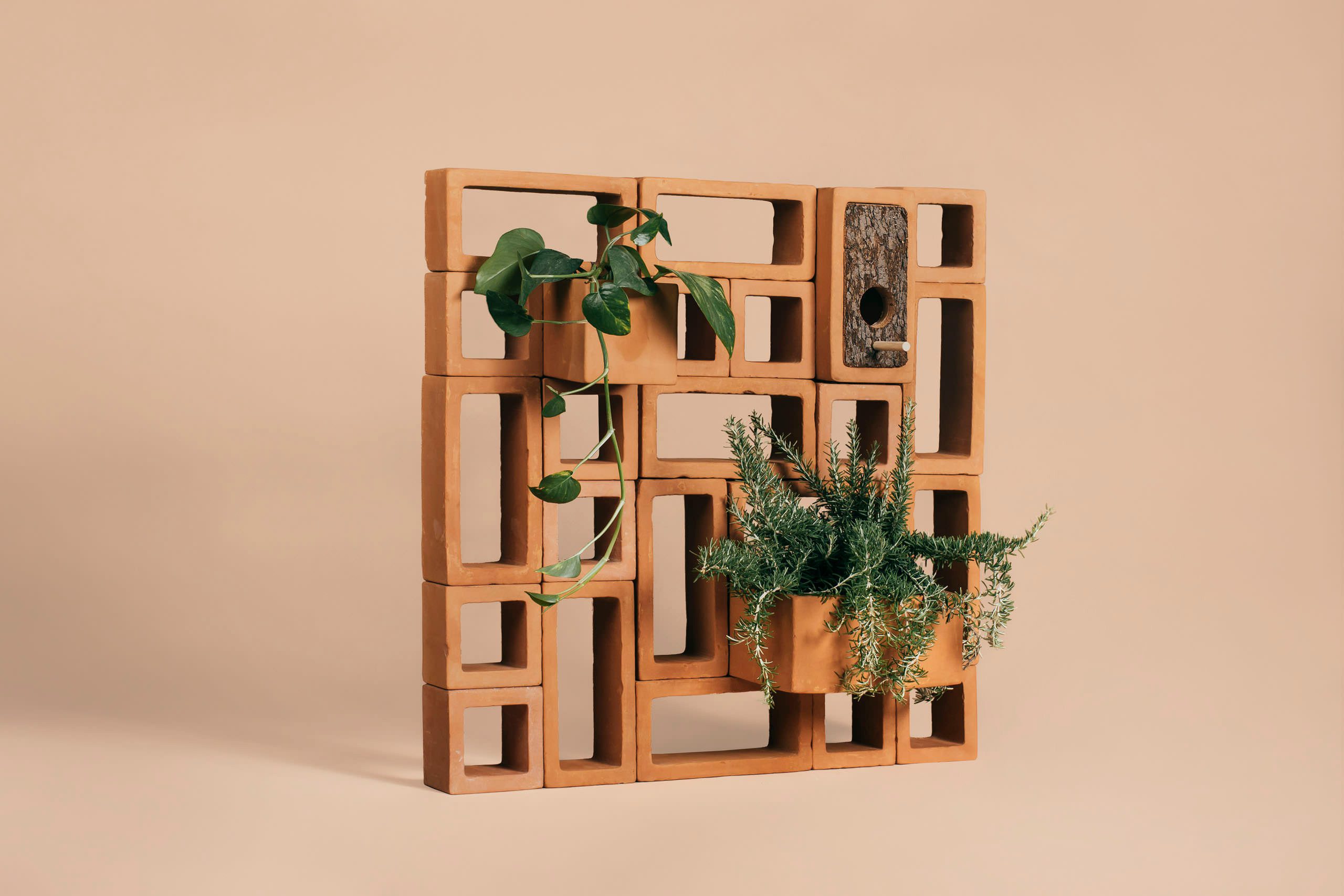 Panel de celosías con plantas y una casita para pájaros
