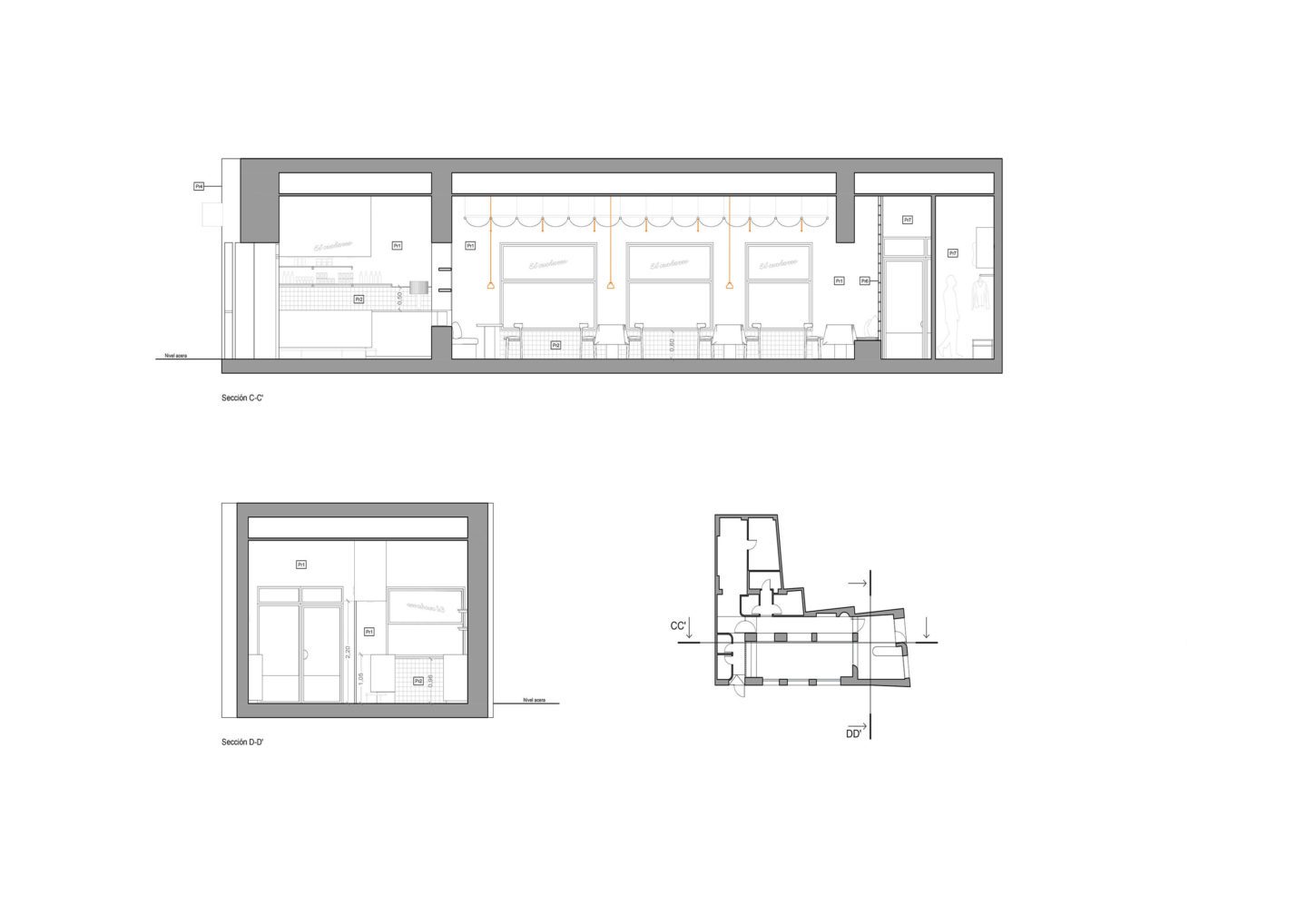 cuchareo proyecto interiorismo plano secciones interiores